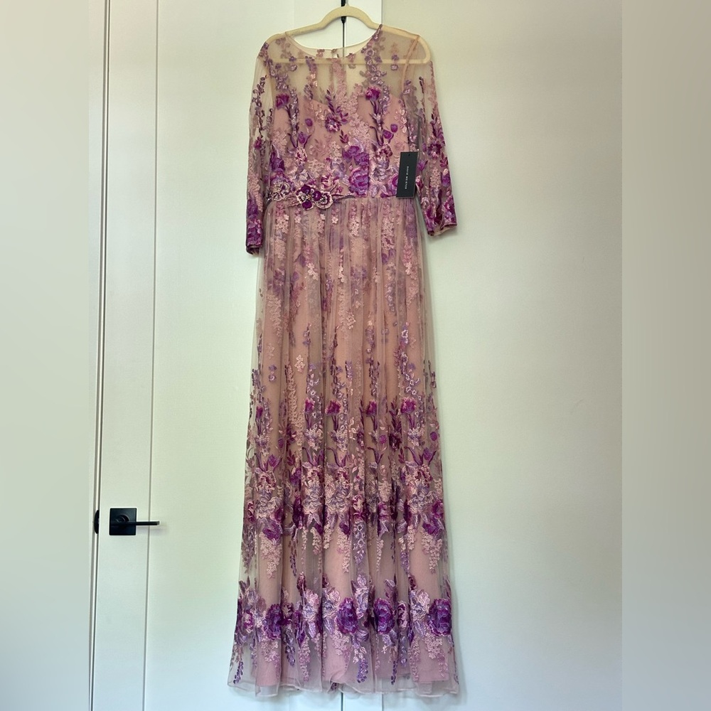 David Meister Pink and Purple Gown with 3/4 Sleeves